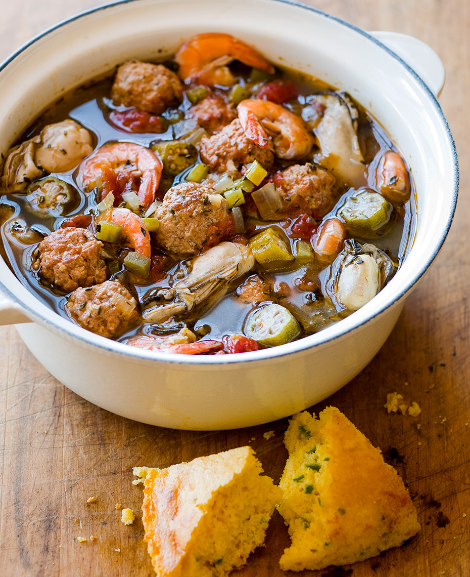 Sausage and seafood gumbo with corn bread