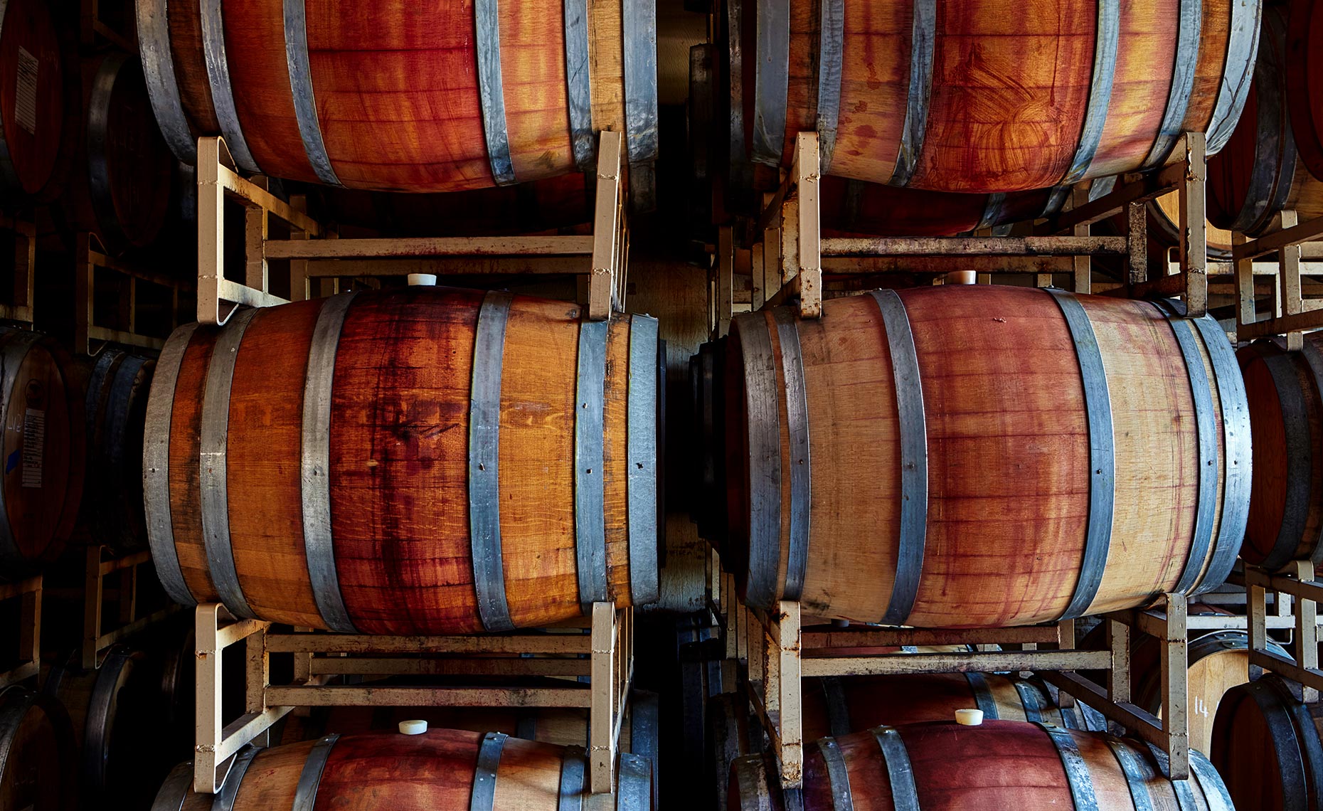 Wine barrels stored on racks