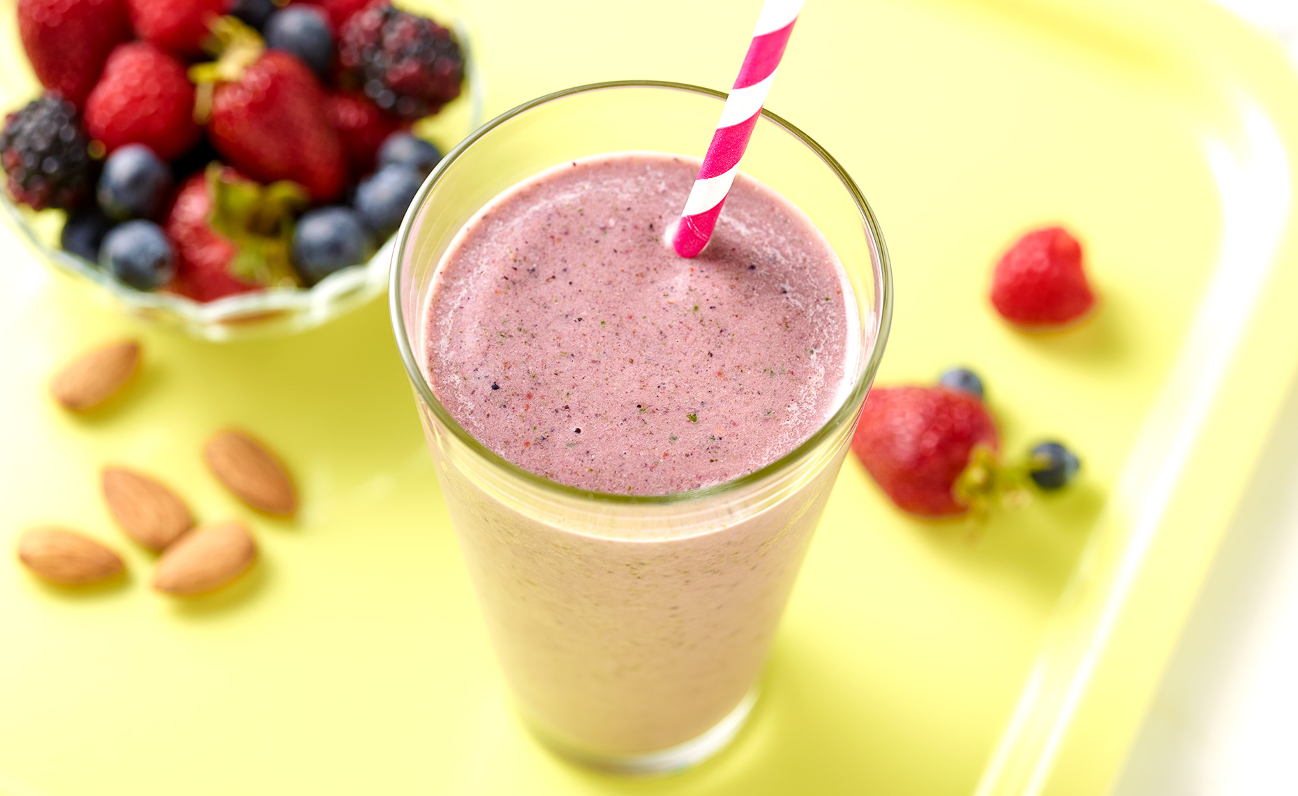 Healthy fruity smoothie on a tray