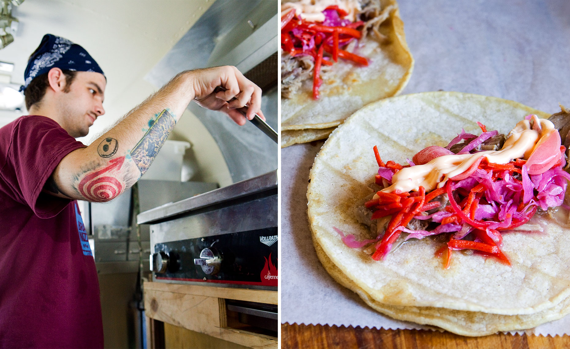 Making tacos inside a food truck