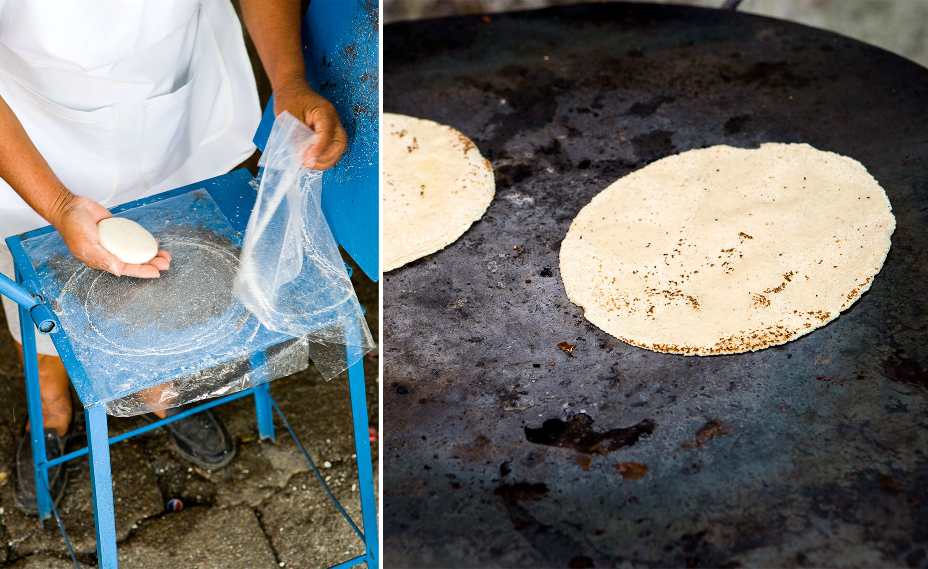 Making and cooking tortillas at food stall 